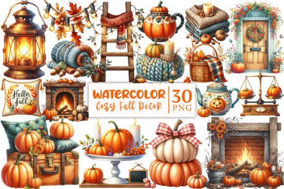 Download Watercolor Cozy Fall Decor Clipart - Fall Collection