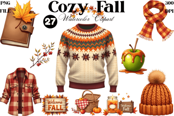Download Watercolor Cozy Fall Clipart Bundle PNG - Fall Collection